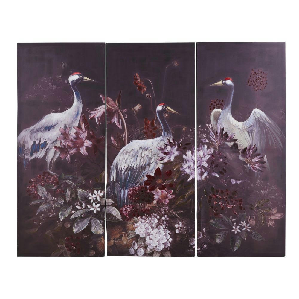 LEON - Triptyque imprimé et peint oiseaux et fleurs multicolores 165x135