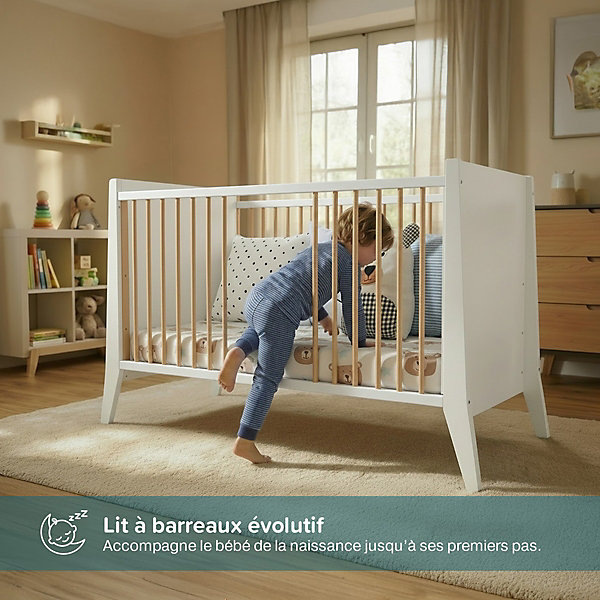 Lit evolutif minea 139 x 65 x 86 cm en bois sommier a lattes de couleur bois