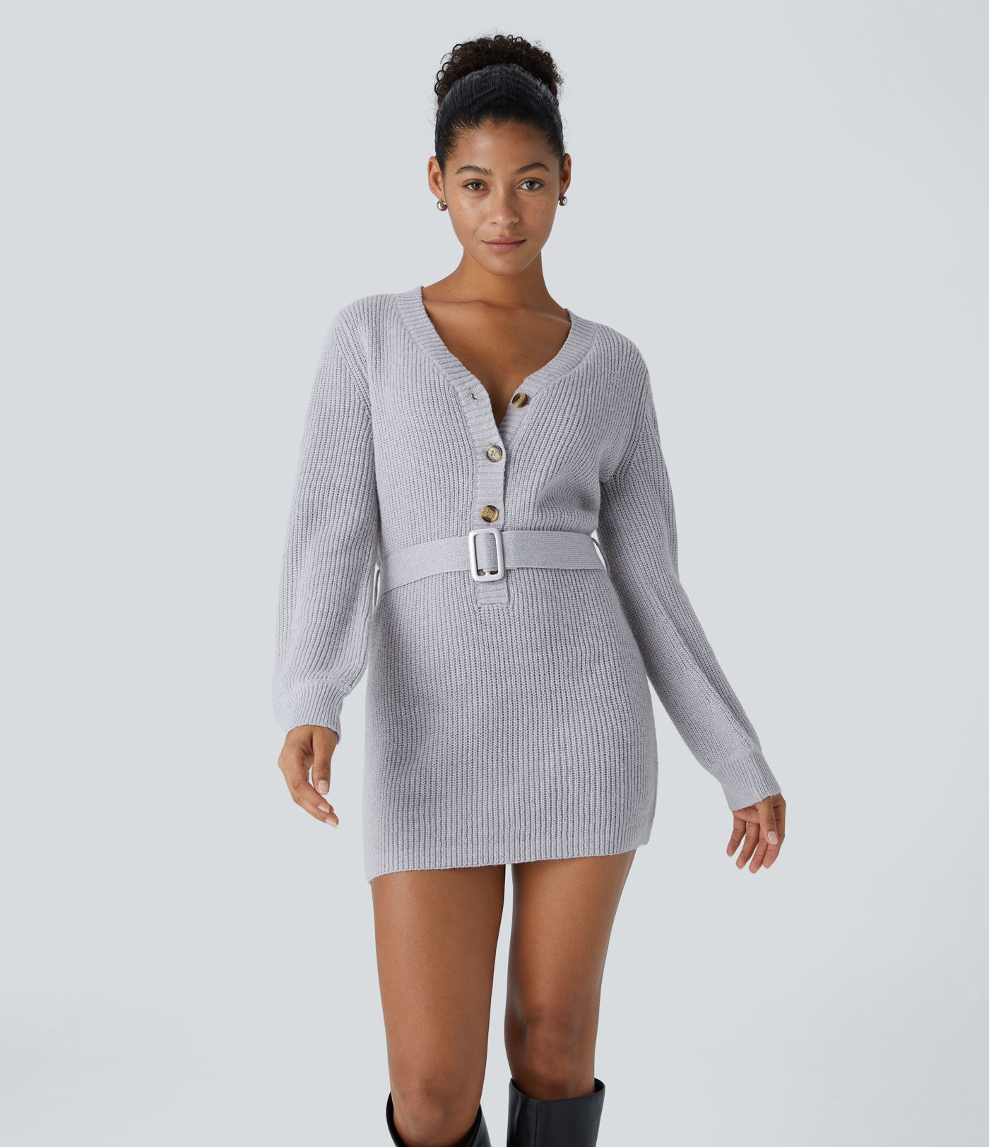 Robe-pull décontractée courte à col V, boutonnage devant, manches longues et ceinture