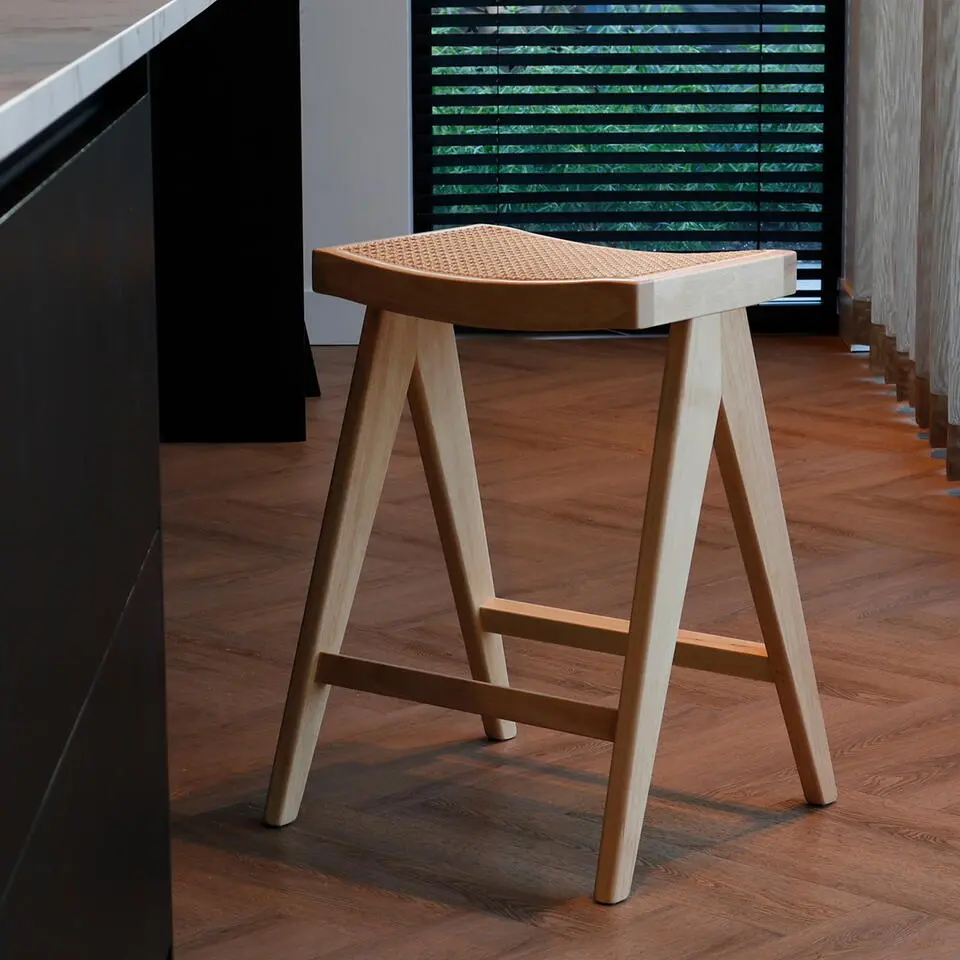 Barstoel Naturel Rotan - Zithoogte 65cm - 45x32x65cm - Jules - Set van 2