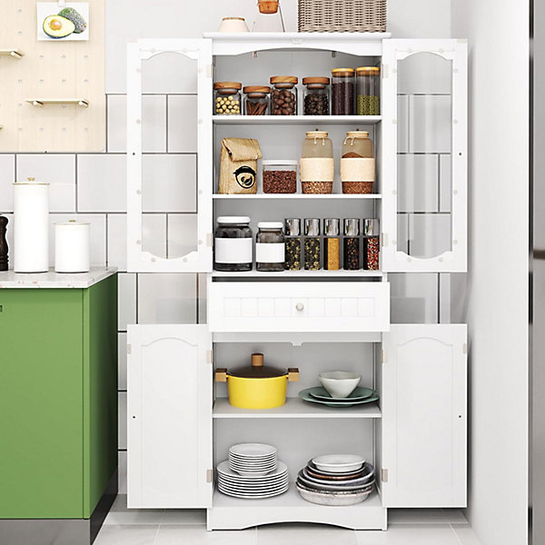 Armoire Hautede Salle de Bain 160 CM Portes en Verre Trempé étagères Réglables Grand Tiroir