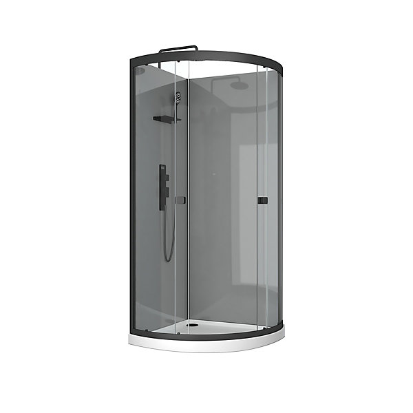 Cabine de douche 1/4 de cercle l.90 x L.90 x H.207,05 cm – fond gris et profilés noirs, receveur bas, Galedo Grey Touch