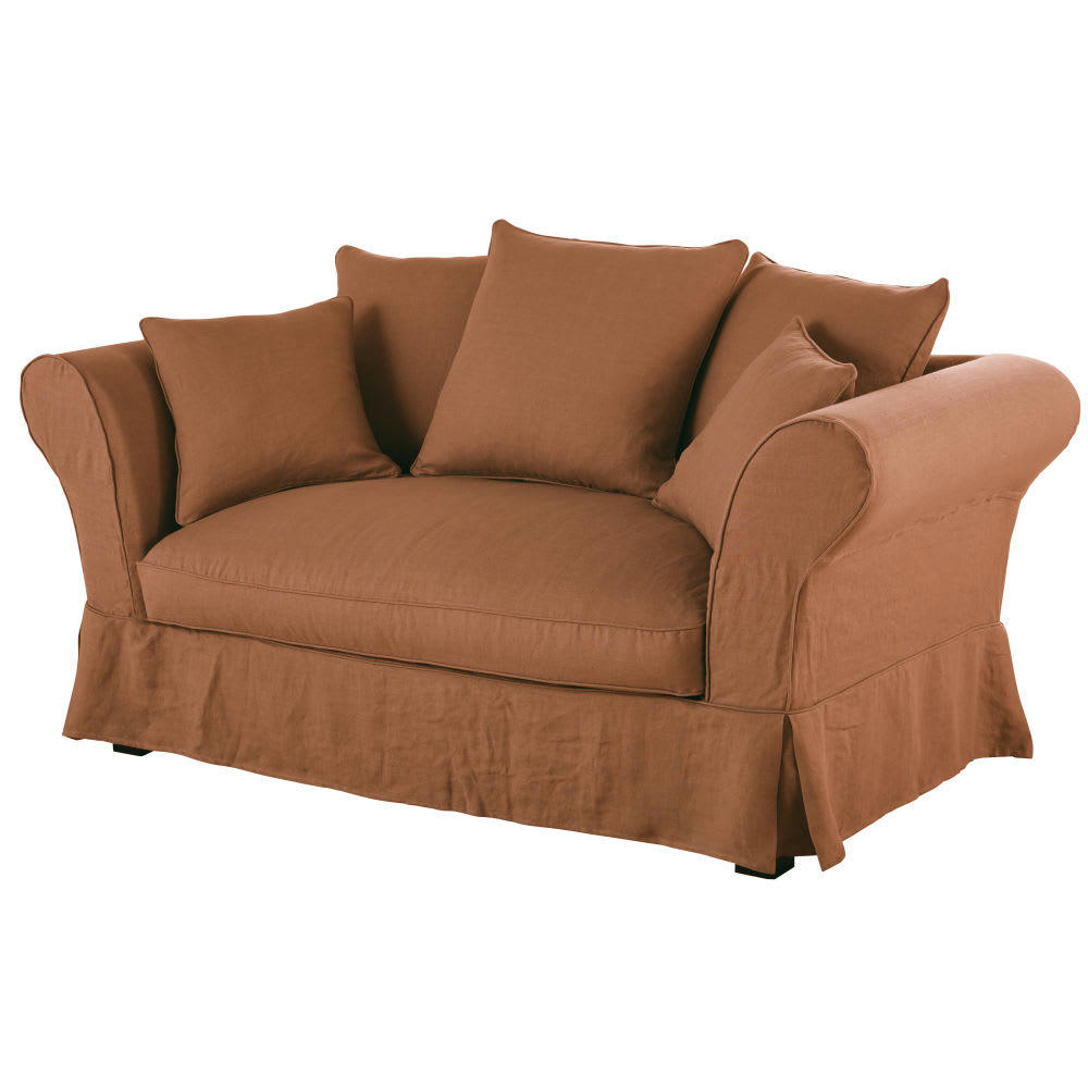 Roma - Housse de canapé 2 places en lin froissé orange de Sienne