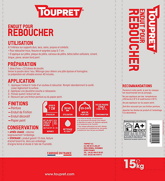 Enduit de rebouchage en poudre Toupret 15kg