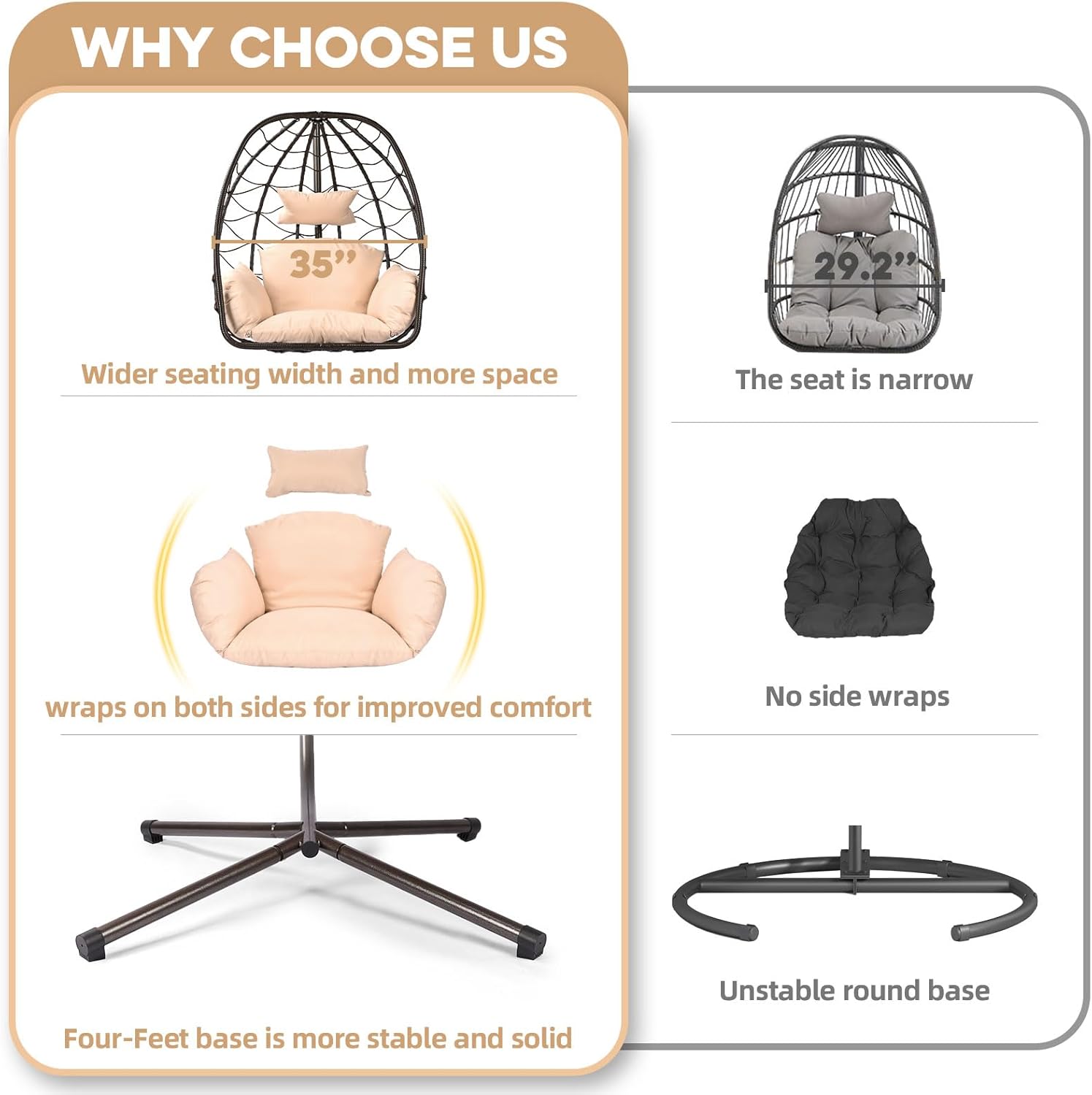 Egg Chair with Stand Outdoor Ratten Wicker Hanging Egg Chair Outdoor Indoor with Thickened Cushion Swing Chair Hammock for Patio Apartment Bedroom Garden Balcony (Brown Wicker+Khaki Cushion)