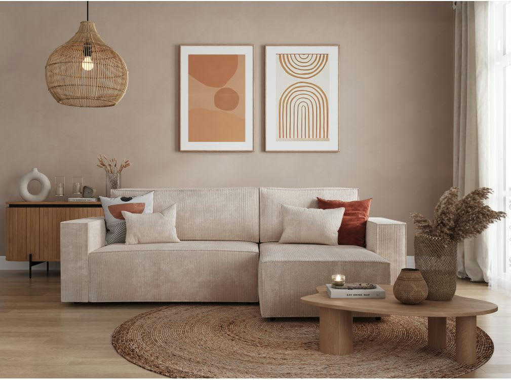 - Canapé d'angle réversible et convertible 3 places velours côtelé Beige