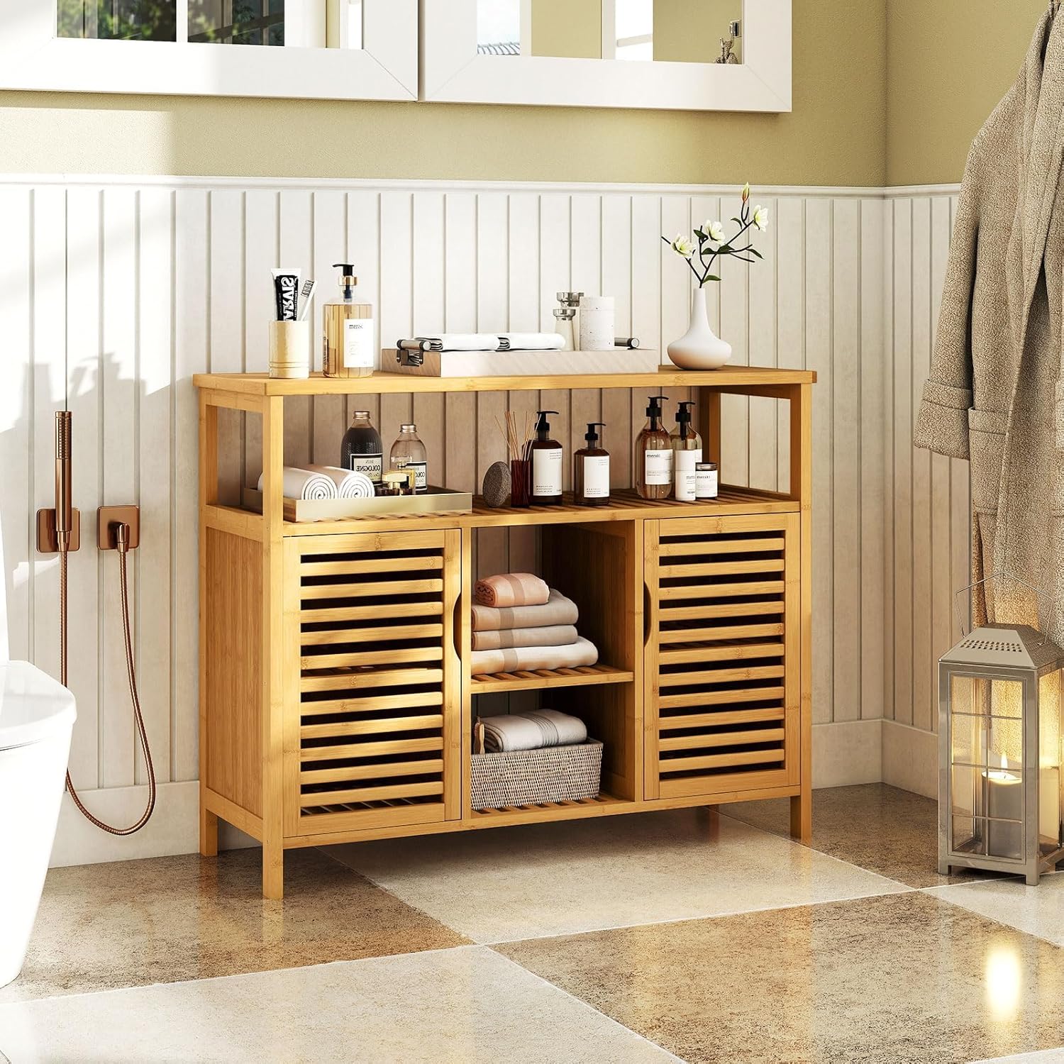 Giantex Bamboo Bathroom Storage Cabinet, 2-Door Storage Organizer with Shelves, Freestanding Floor Cabinet, Slatted Bamboo Home Furniture for Living Room Entryway Kitchen Dining Room, Natural