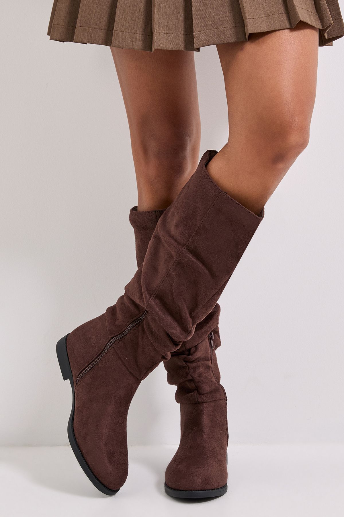 Dorothy Perkins Wide Fit Karina Faux Suede Flat Knee High Ruched Boots