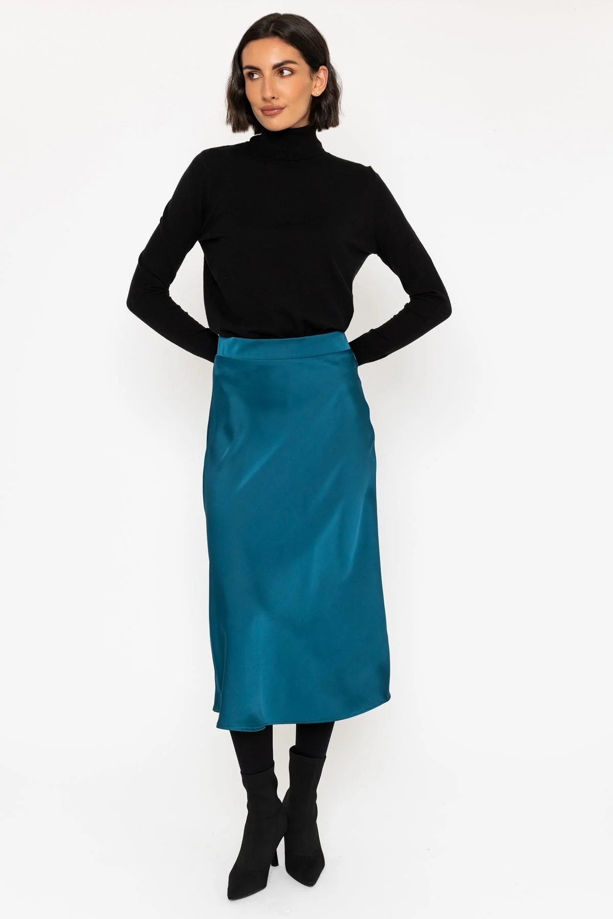 Satin Midi Skirt in Teal