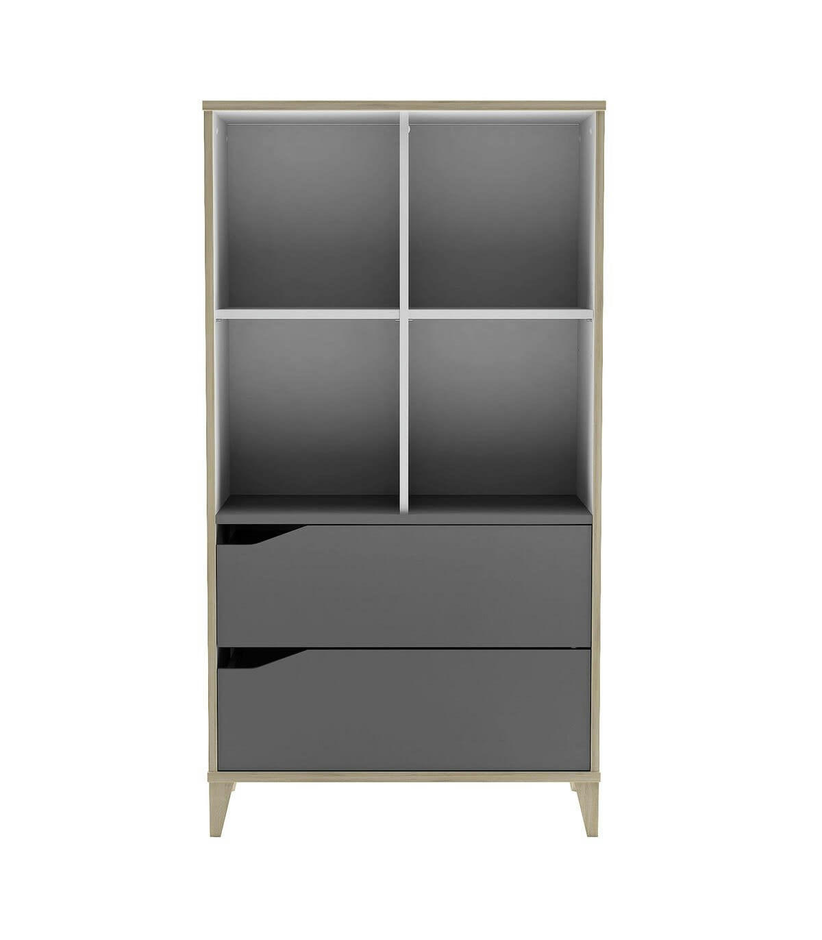 GENIUS - Bibliothèque 2 Tiroirs 4 Niches L70 x H130 cm - Gris et Blanc