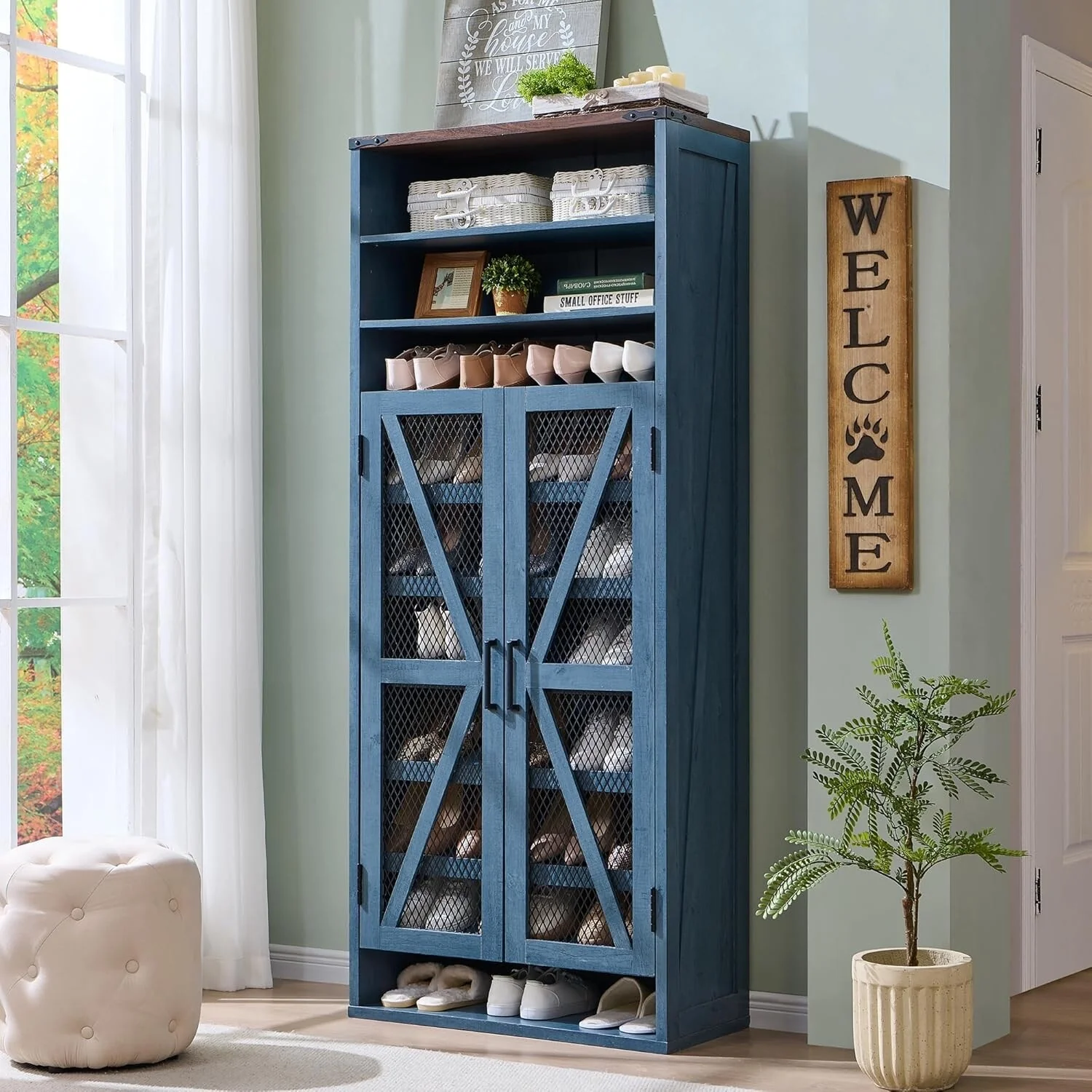 72 Tall Farmhouse Shoe Cabinet, Rustic Wooden Shoe Organizer