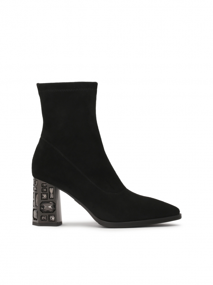 Stretch fabric boots with an embellished heel