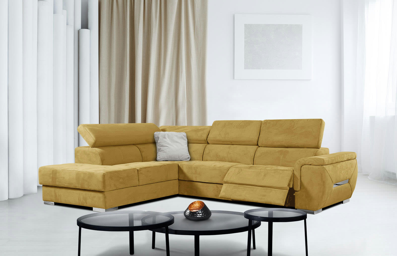 KELTE - Canapé d'angle gauche 5 places avec une relaxation tissu jaune