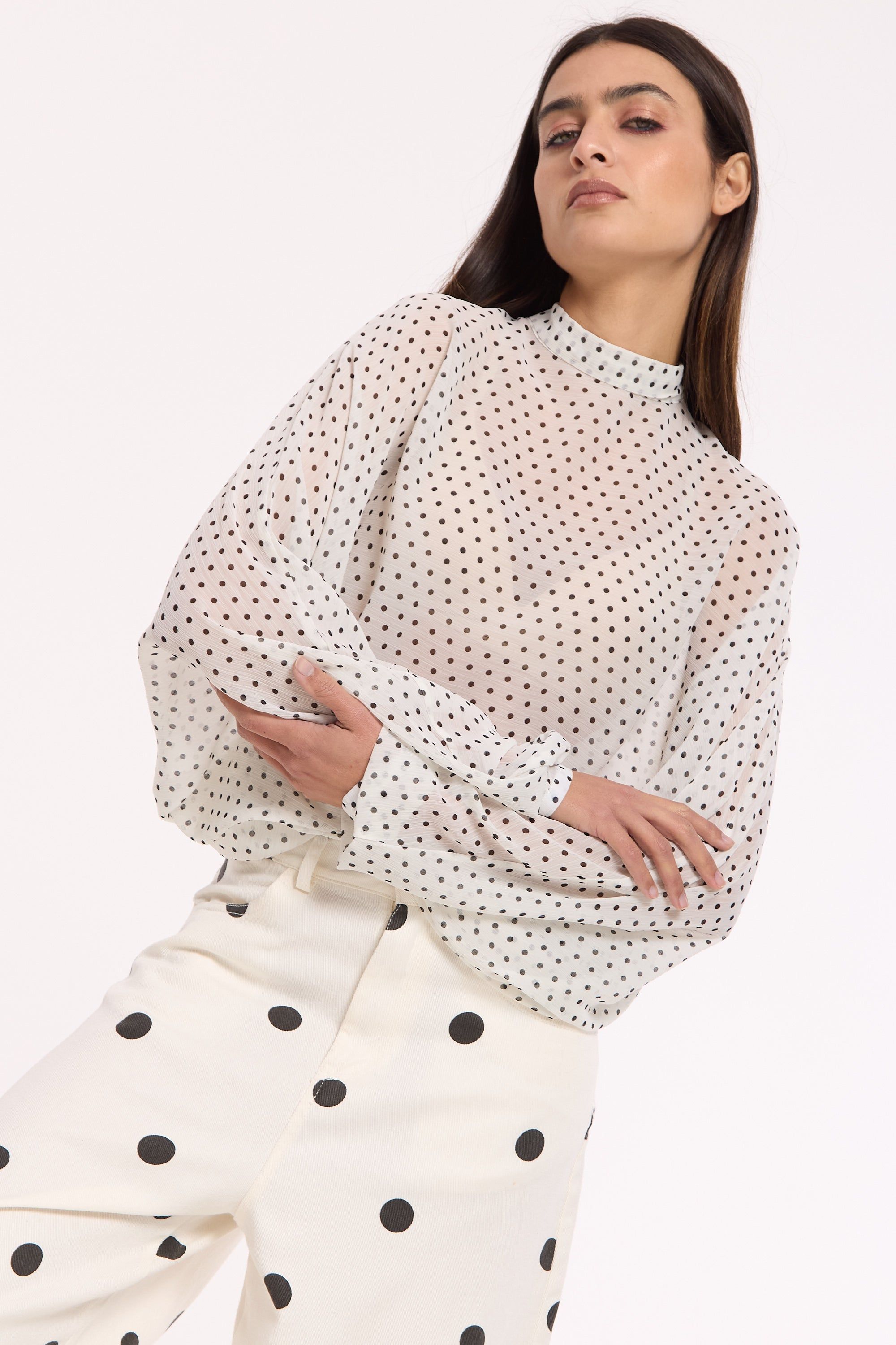 House of Holland White Sheer Polka Dot Tie-Back Blouse