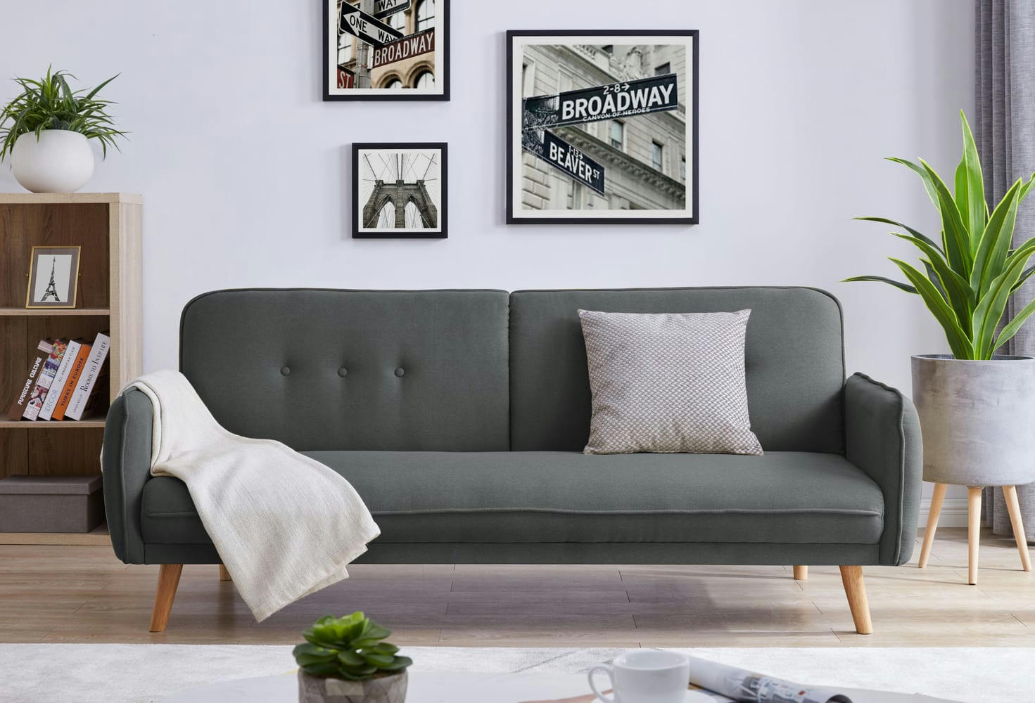 NORA - Canapé scandinave convertible 3 places en tissu gris foncé