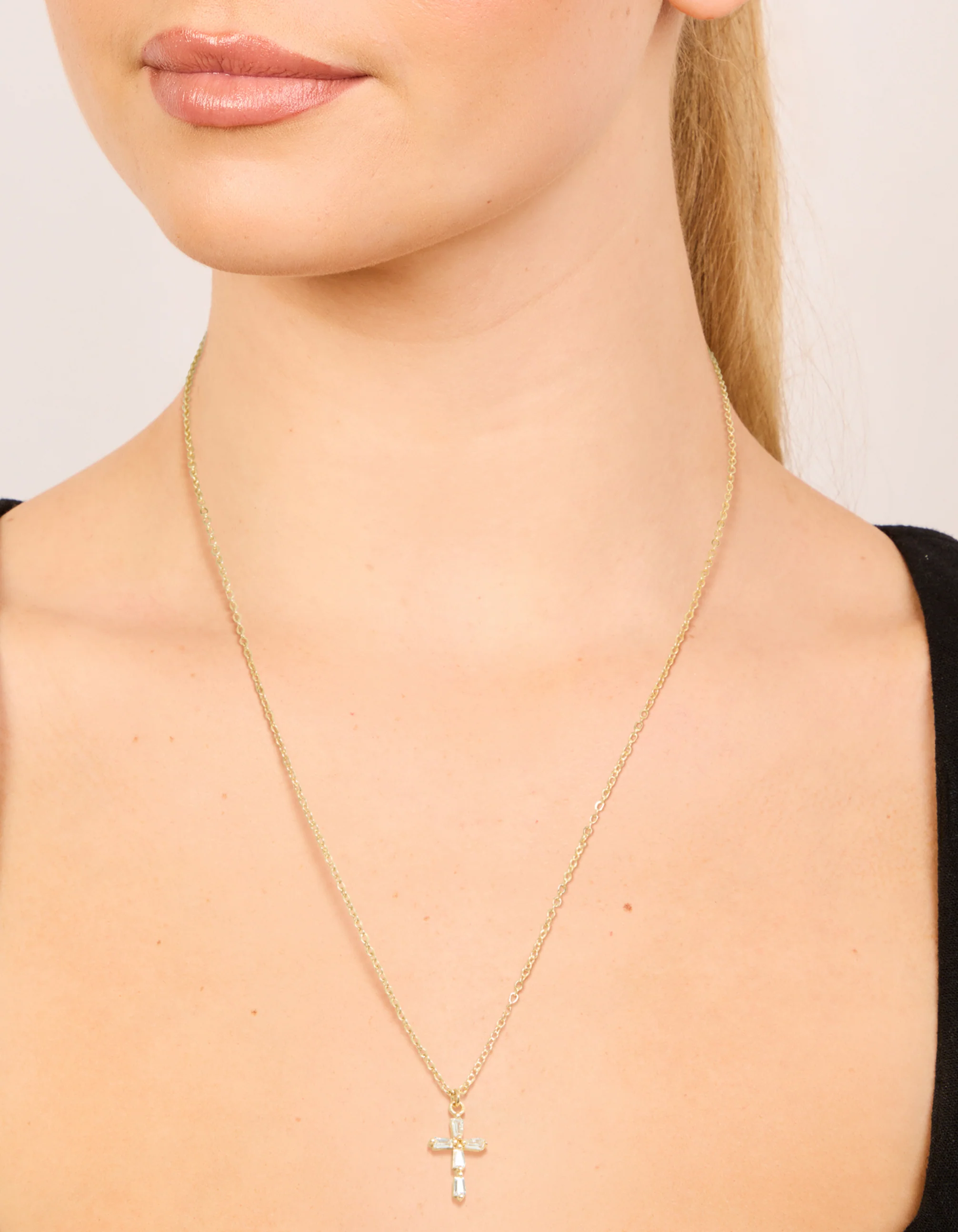 Gold Plated Cubic Zirconia Baguette Cross Necklace