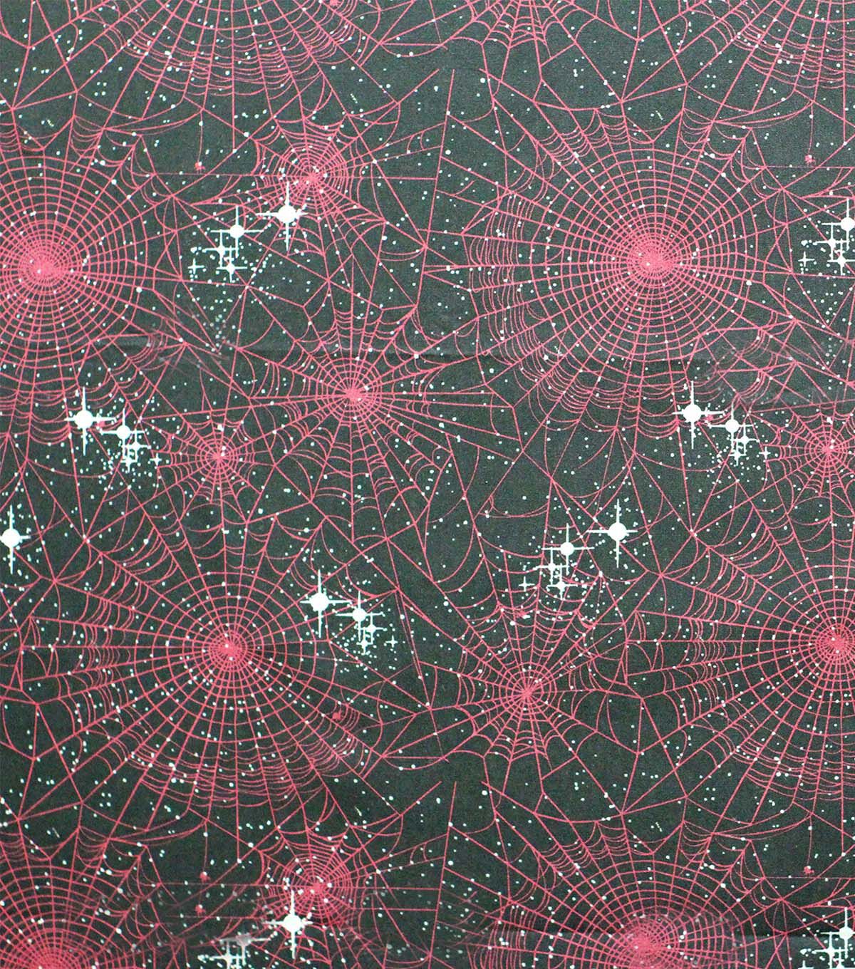 Red Webs on Black Glitter Cotton Fabric