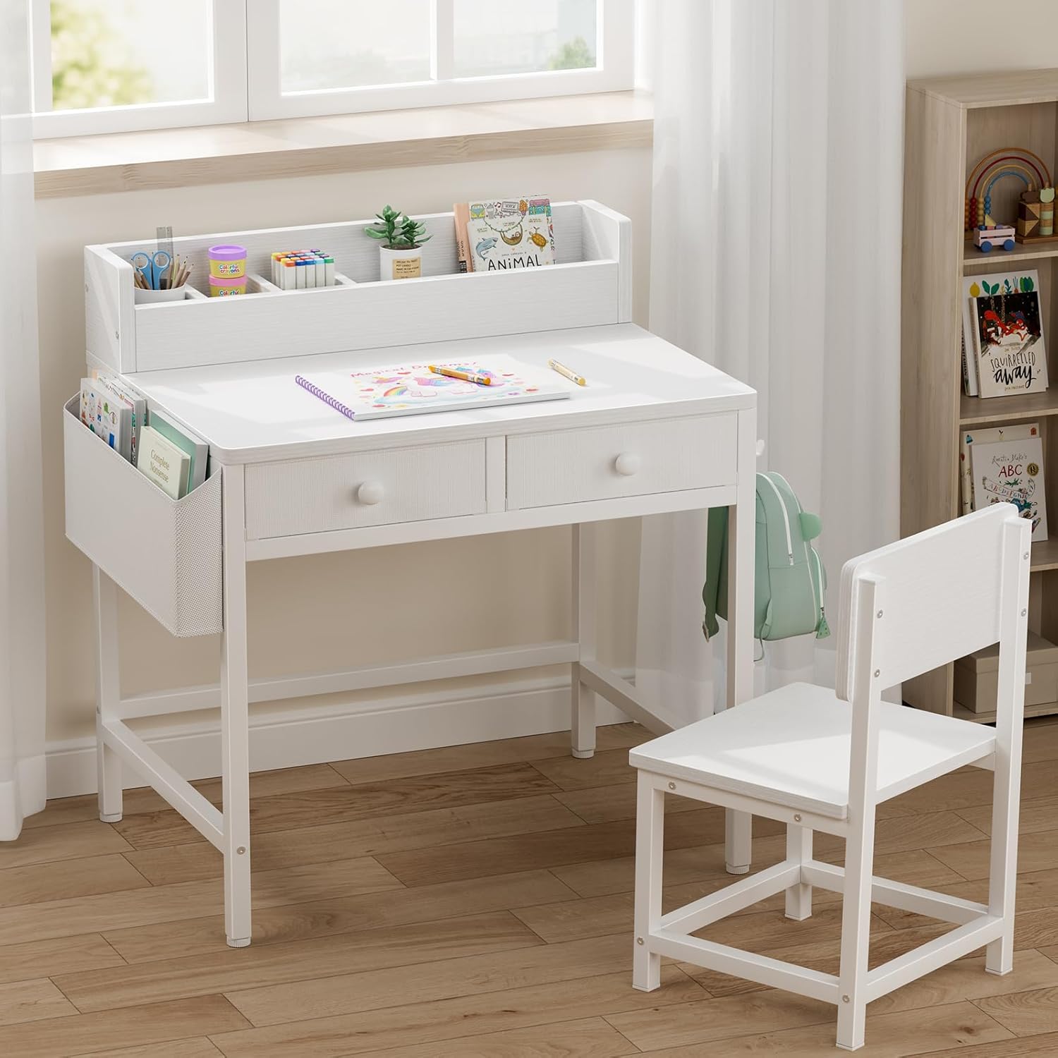 BOLUO White Kids Desk and Chair Set for 5-8 Year Old, Small Child Desk with Fabric Drawer, Children Study Table with Storage Girls Boys