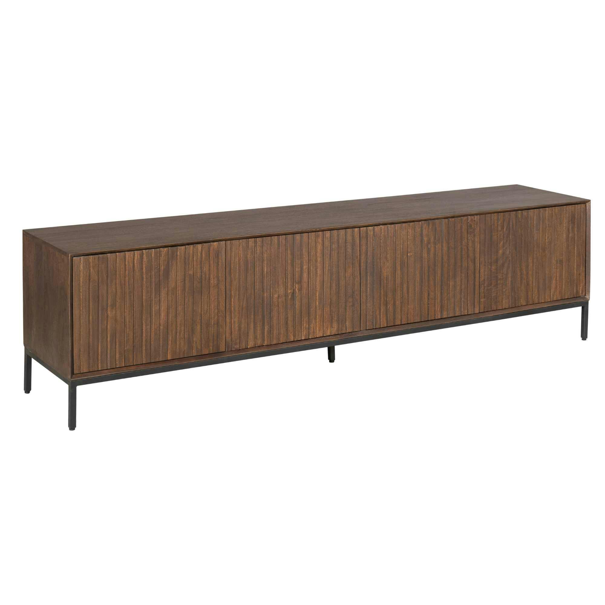 Meuble TV vintage bois brun 4 portes rainurées 210 cm CORTINA