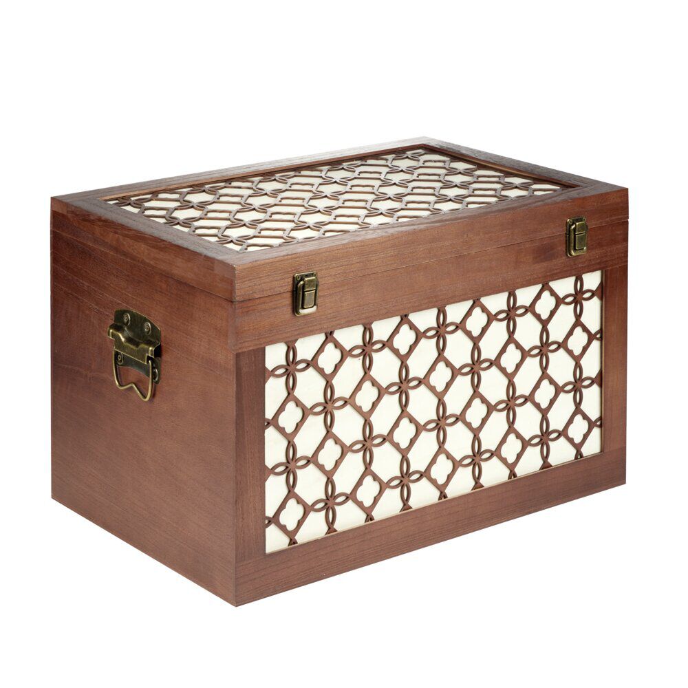 Malle rangement en bois fermeture et poignées métal carreau de ciment 48x32xH30cm