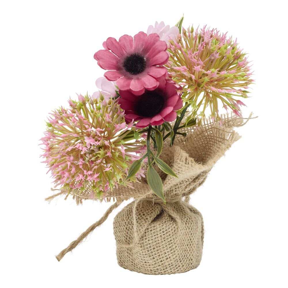 Fleur en pot jute gerberas rose et chardon Ø15xH17cm