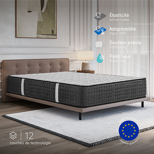 Matelas 140x200 Hybride - Mousse HR - Ressorts ensachés - 30 cm - Réversible - Couchage Indépendant - Blue Latex 7 zones - Equinox
