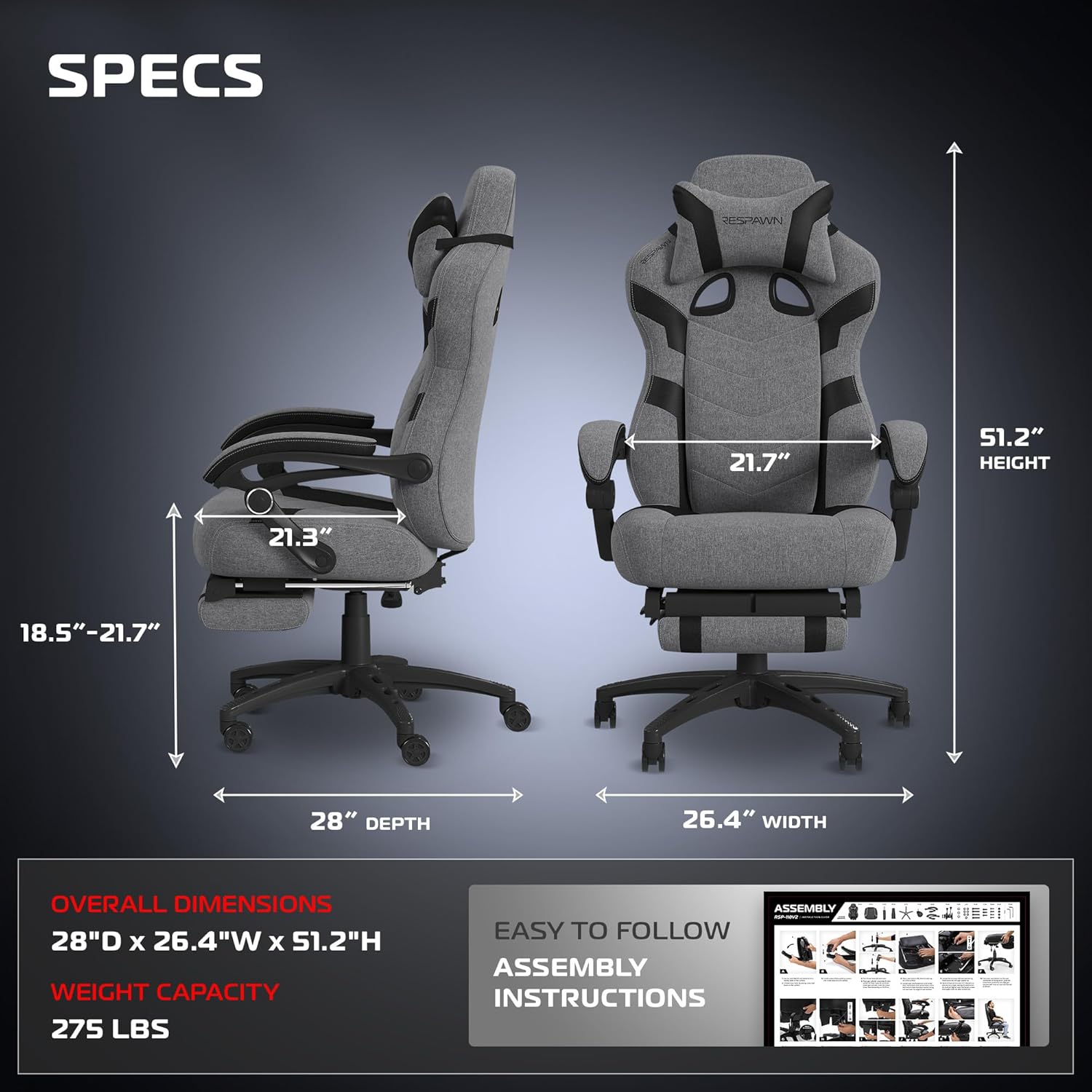 Respawn 110 Pro Ergonomic Gaming Chair with Footrest for Adults - Comfortable Office Gaming Recliner with Lumbar Support and Headrest, Racing Style Video Game Chairs for Computer Gamer - Gray Fabric