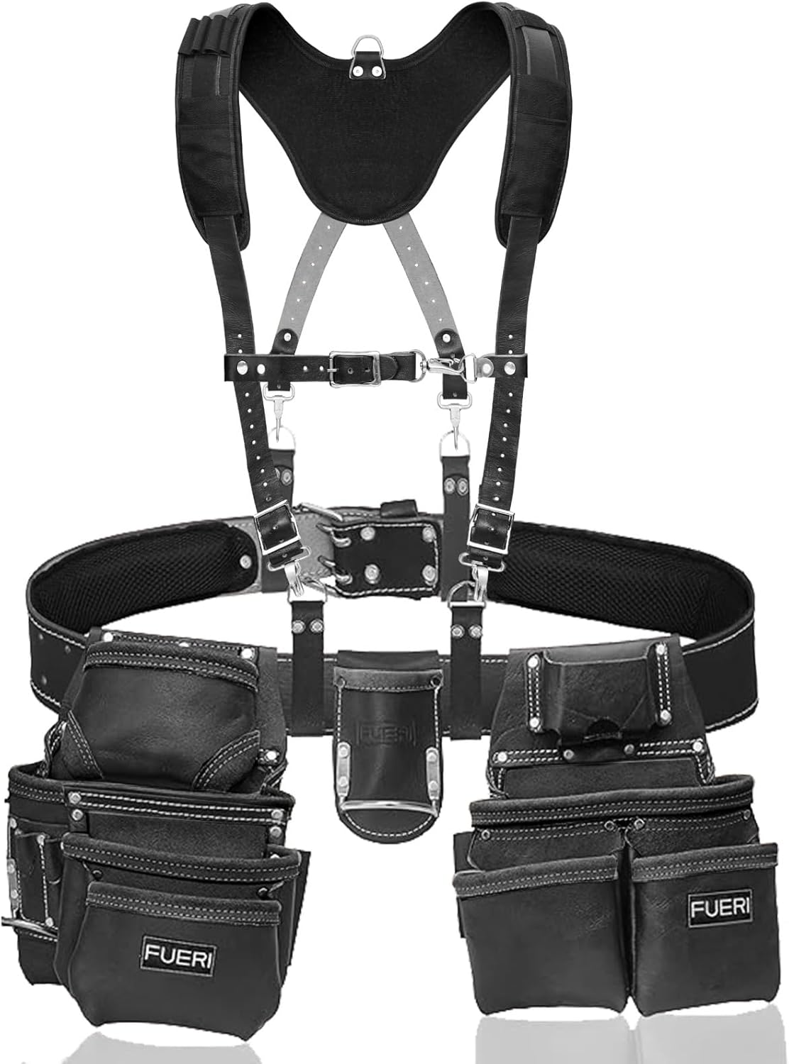 FUERI Leather Tool Belts with Suspender for Men, Heavy-Duty Durable Carpenter Tool Rig Organizer With 19 Pockets-2 Pouches, Padded Suspender, Hammer Holder, D-Loops & Foam-Padded Belt Electricians