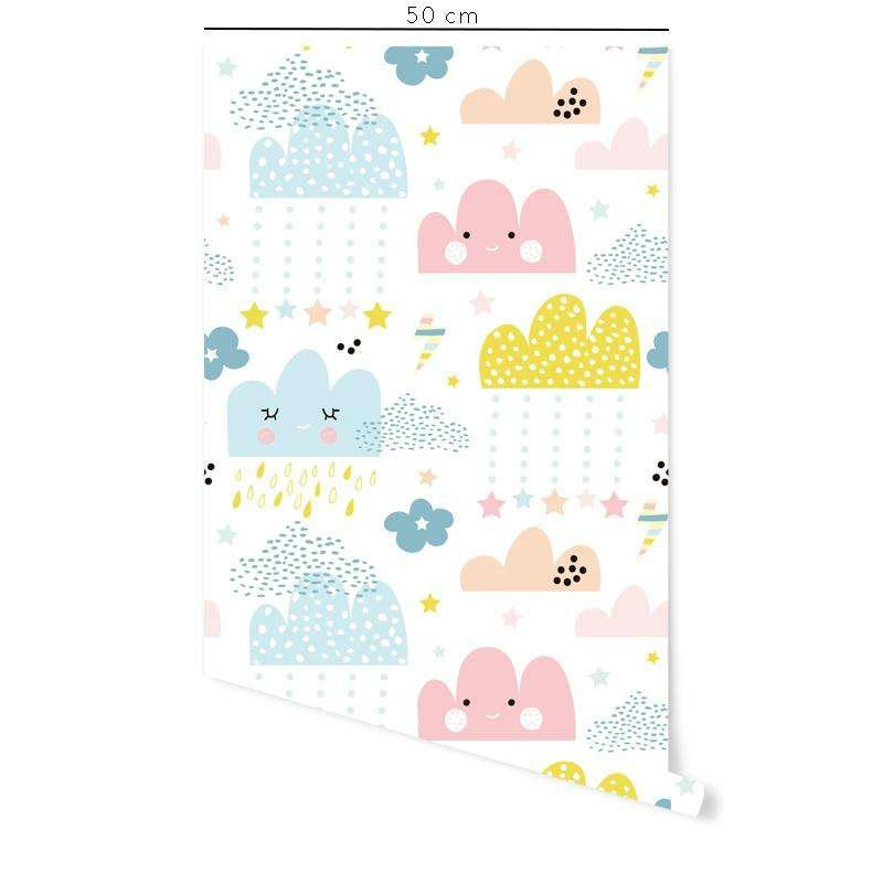 HAPPYCLOUDS - Papier peint vinyle adhésif enfant nuages bleu et rose 50x300 cm