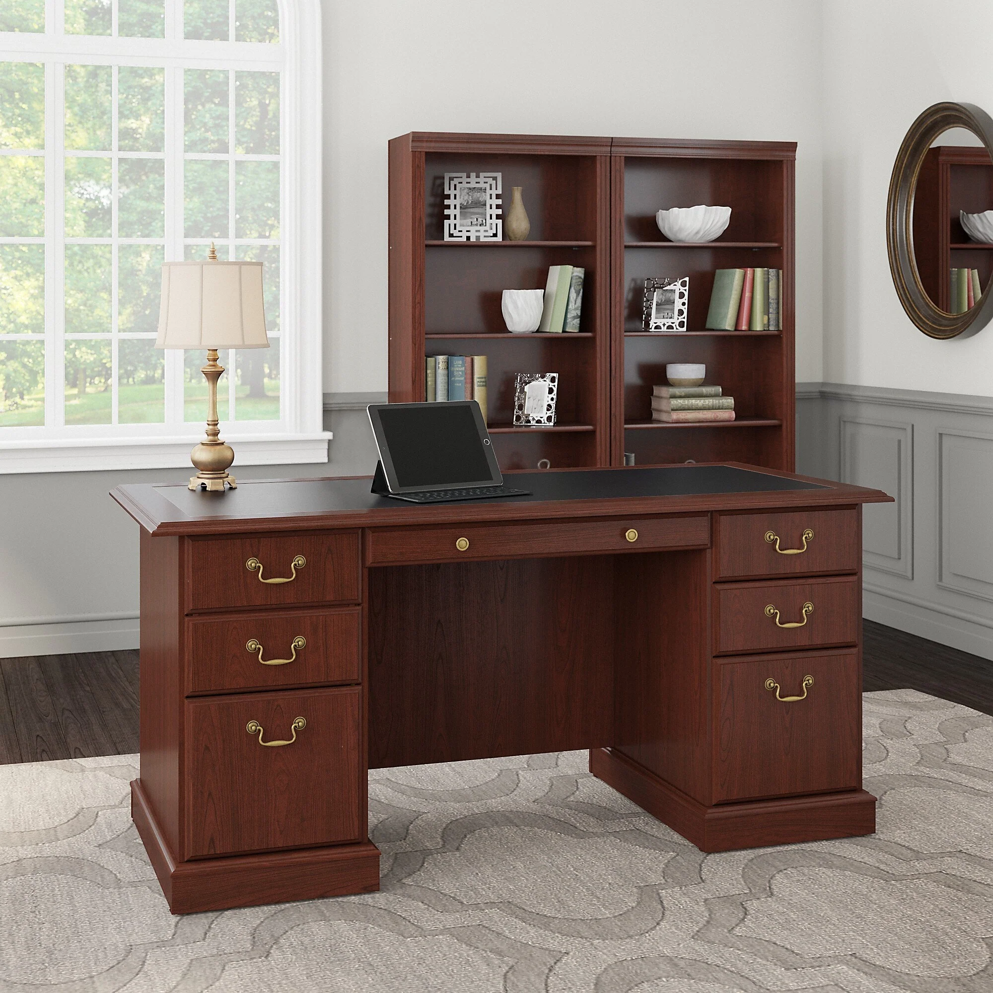 Saratoga Executive Desk and Two 5 Shelf Bookcases in Cherry - Black/Cherry Finish - 66.00L x 29.45W x 71.54H
