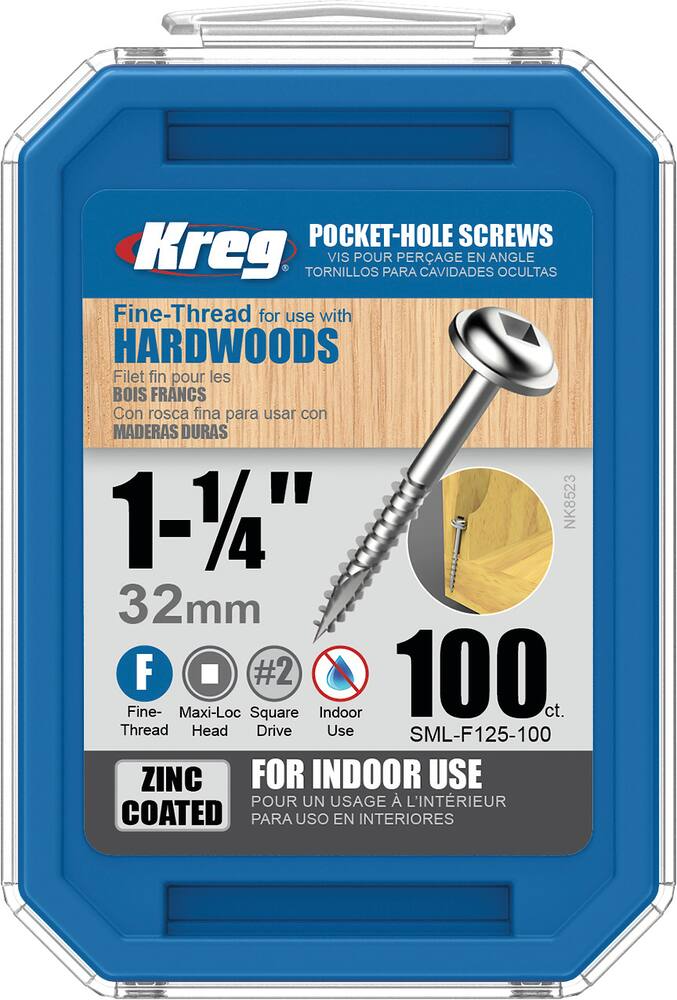 Kreg #7 Square-Drive Fine Pan-Head Pocket-Hole Screw, 1.25-in, Zinc Coating, 100-pk