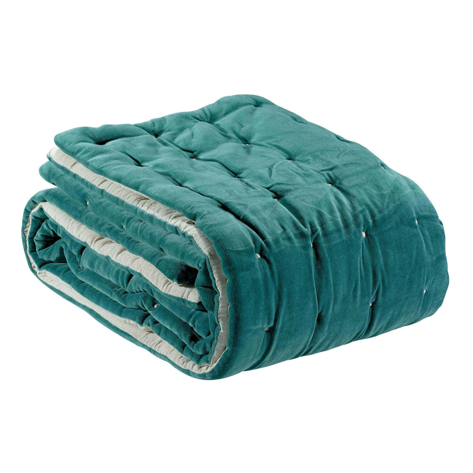 ELISE - Jeté  finition capiton en coton vert de gris 240 x 260