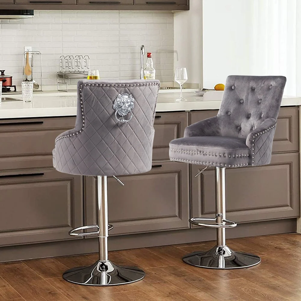 1 PCS Tufted Velvet Barstool Adjustable Lift with Lion Knocker High - 20 L x 20 W x 50 H
