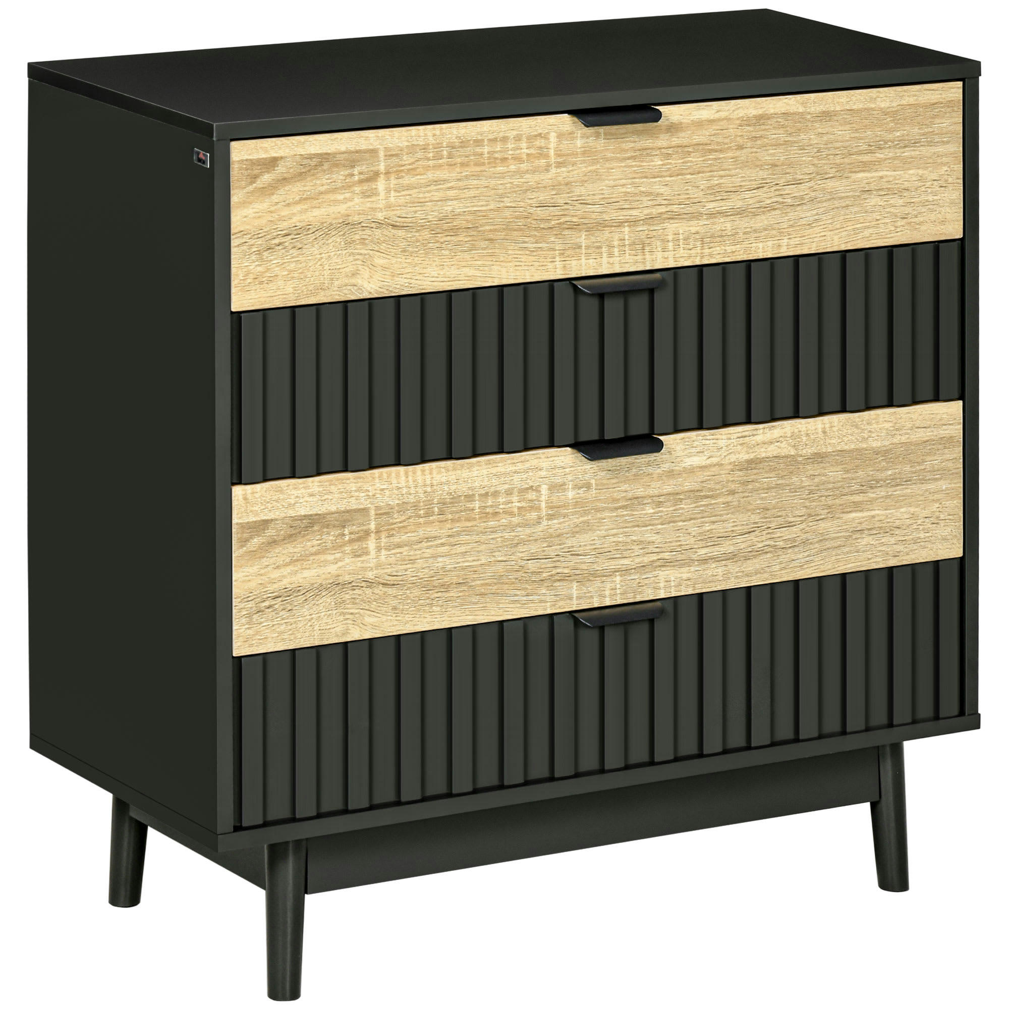 - Commode 4 tiroirs design contemporain métal noir aspect chêne clair