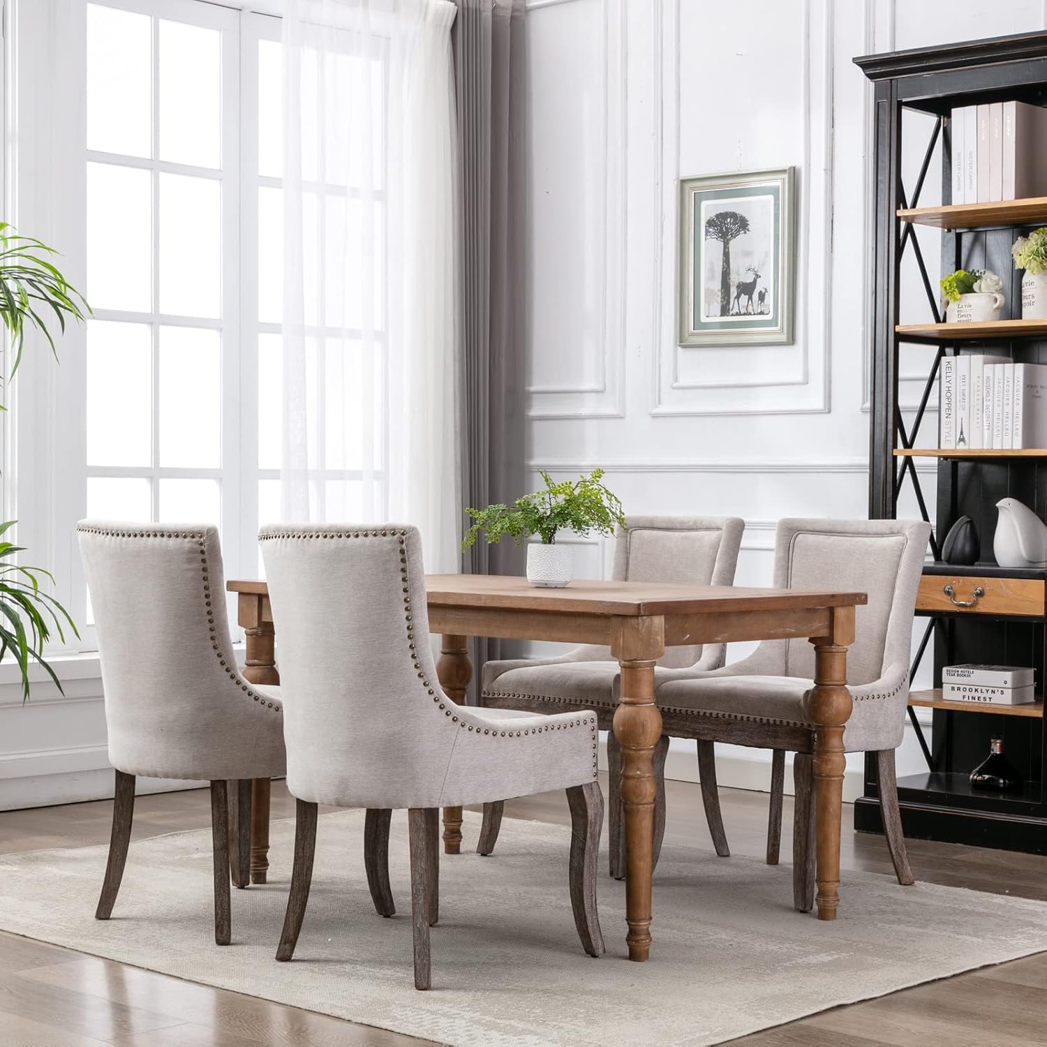 Modern Dining Chairs Set of 4, Fabric Upholstered High Back Chairs with Nailhead Trim and Curved Solid Wood Legs, Sillas de Comedor Accent Chairs for Dining Room, Beige