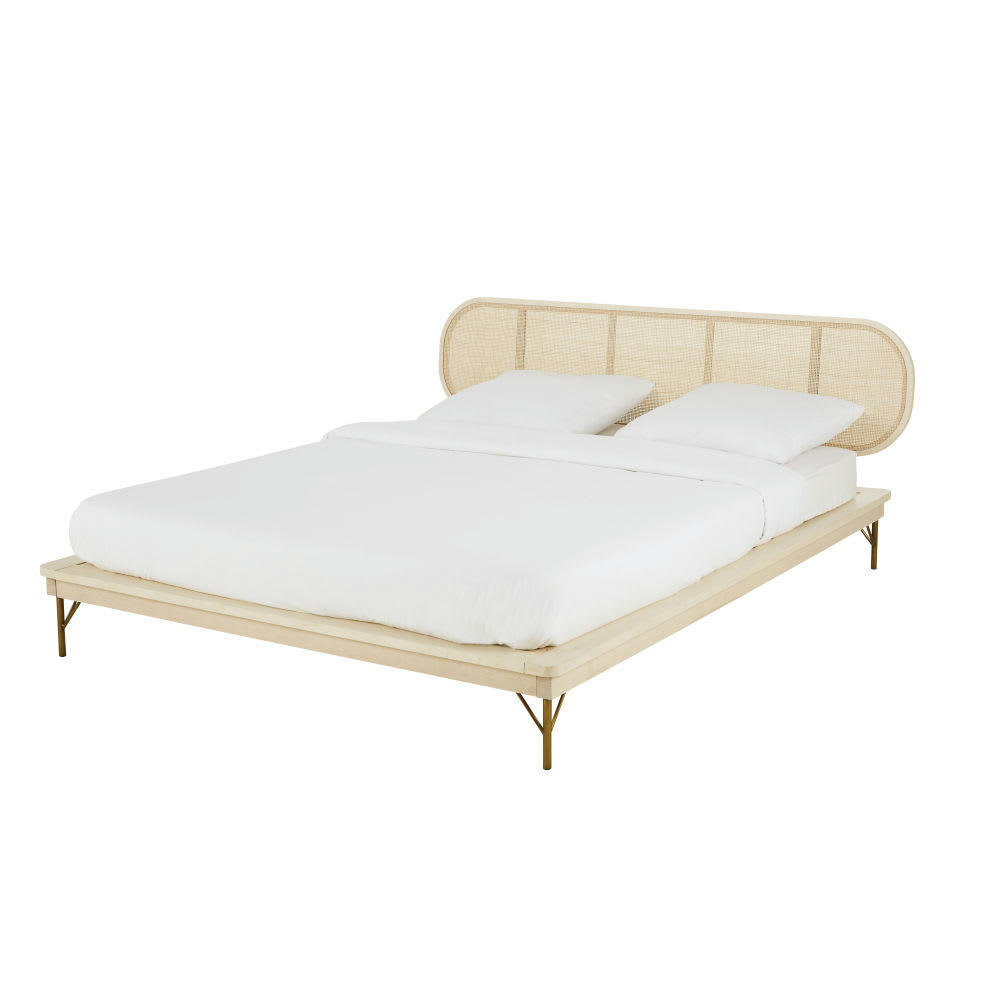 Solstice - Lit 160x200 en pin massif et cannage en rotin tressé avec sommier à lattes