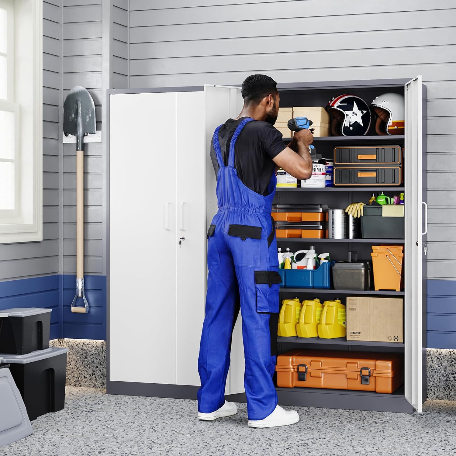 Yizosh Metal Garage Storage Cabinet with 2 Doors and 5 Adjustable Shelves - 71 Steel Lockable File Cabinet,Locking Tool Cabinets for Office,Home,Garage,Gym,School (Gray White)