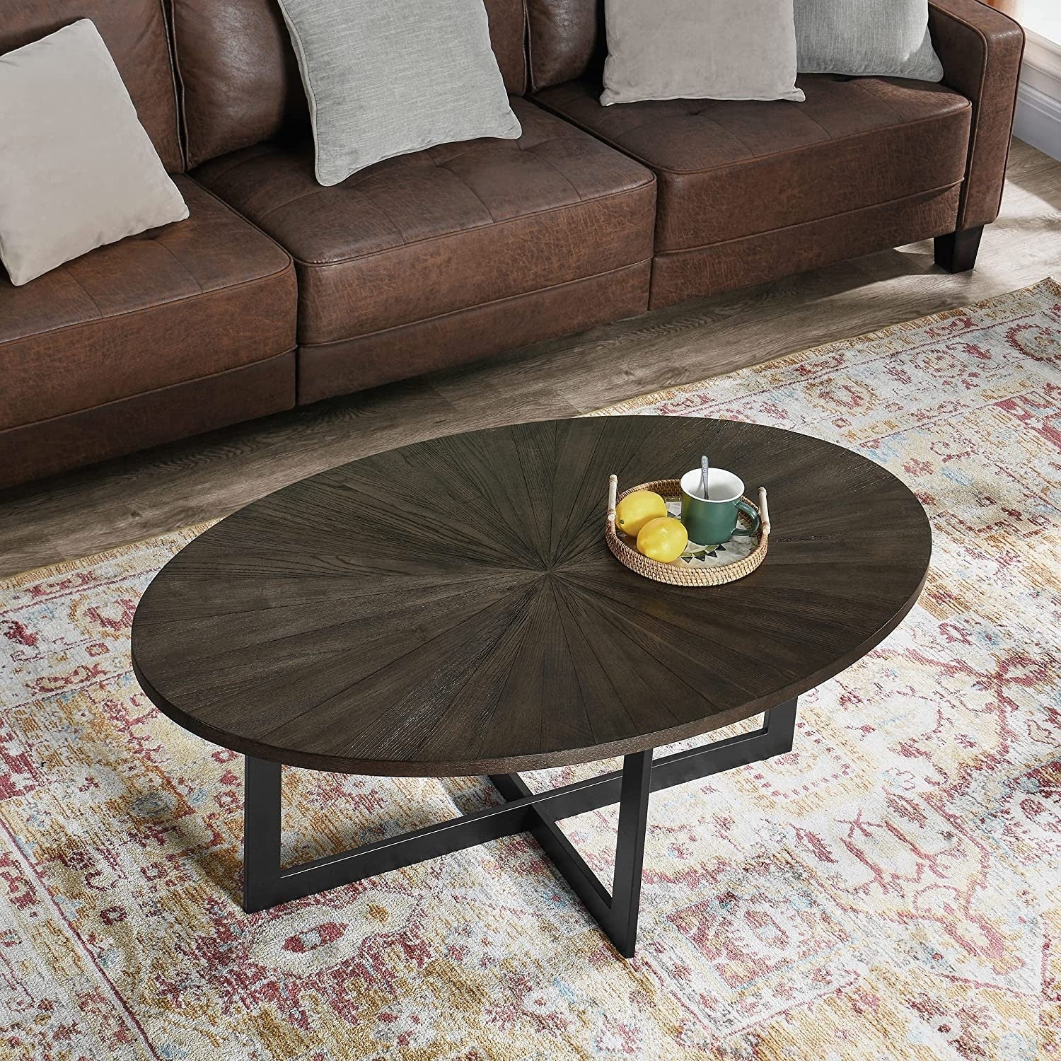 Solid Wood Contemporary Oval Coffee Table with Cross Metal Legs