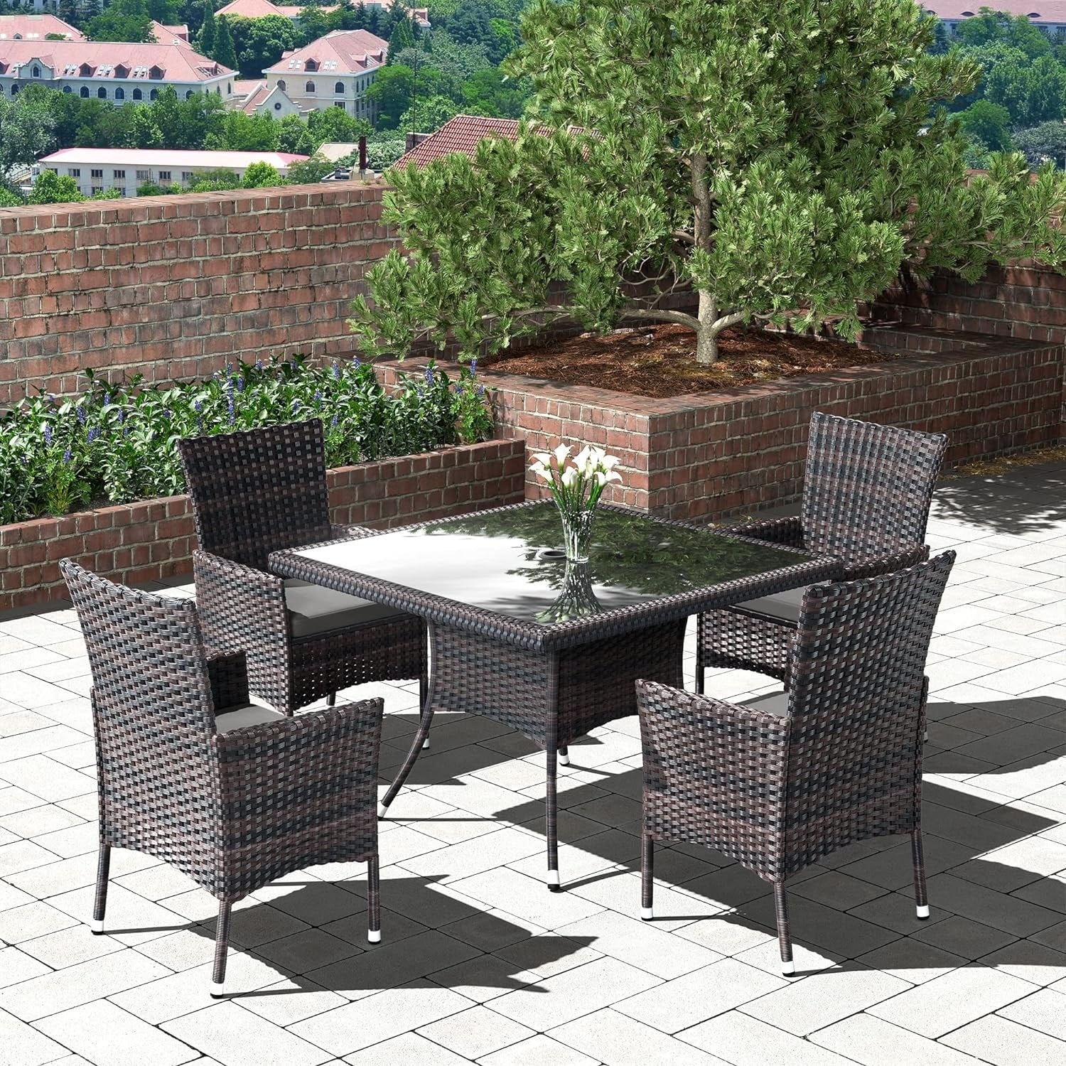 Kullavik Outdoor Dining Set, Rattan Patio Furniture Dining Table & Chairs - 5 Pcs