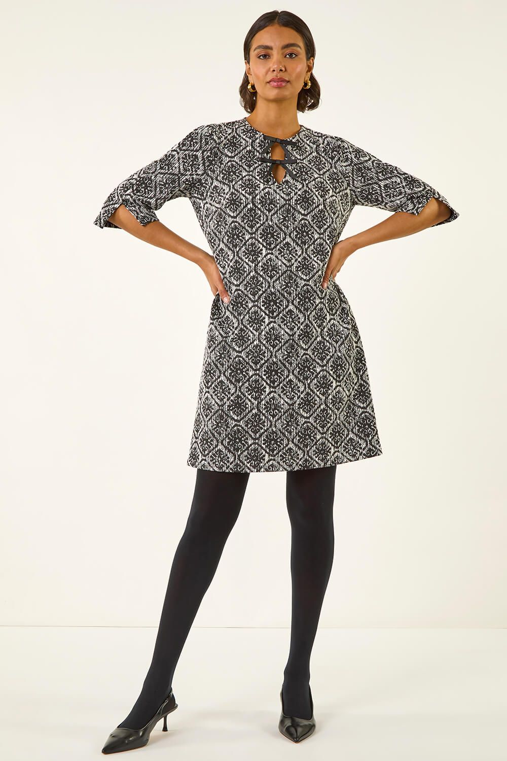Roman Tile Print Tie Keyhole Stretch Dress
