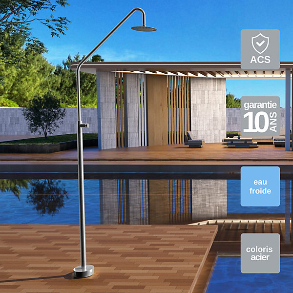 Douche de piscine Colarado en Acier Inox 316 -Temporisé -Tête D25cm - Corps D42mm- H. 2,25m - Garantie 10 ans - POOLIMEX