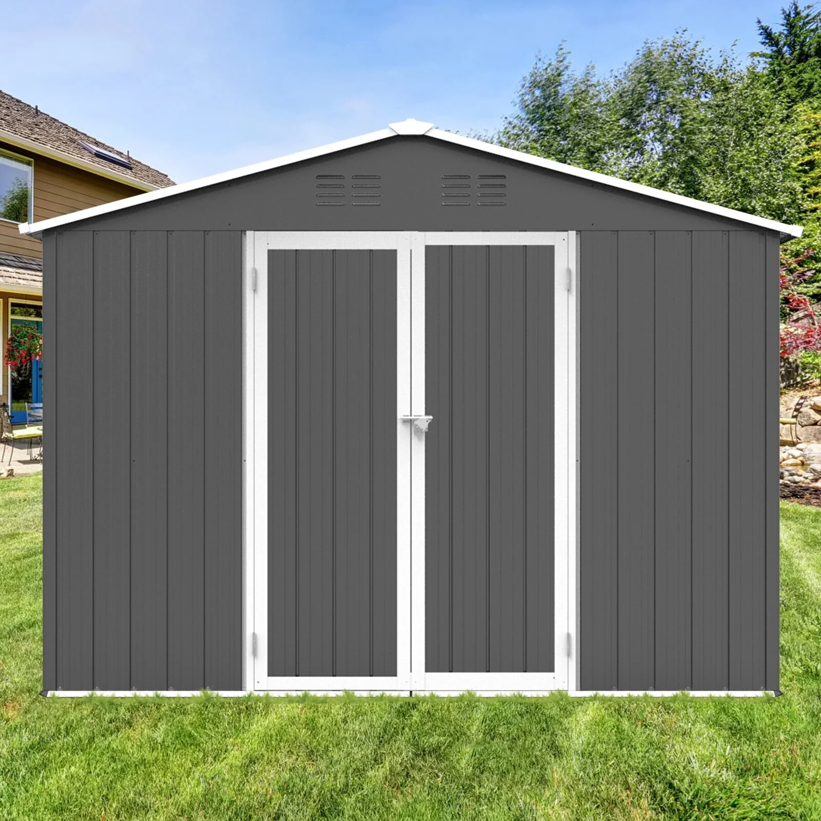 Apex Roof Metal Garden Shed with Hinged Door & Integrated Vents Outdoor Storage Shed Tool Shed with Security Lock