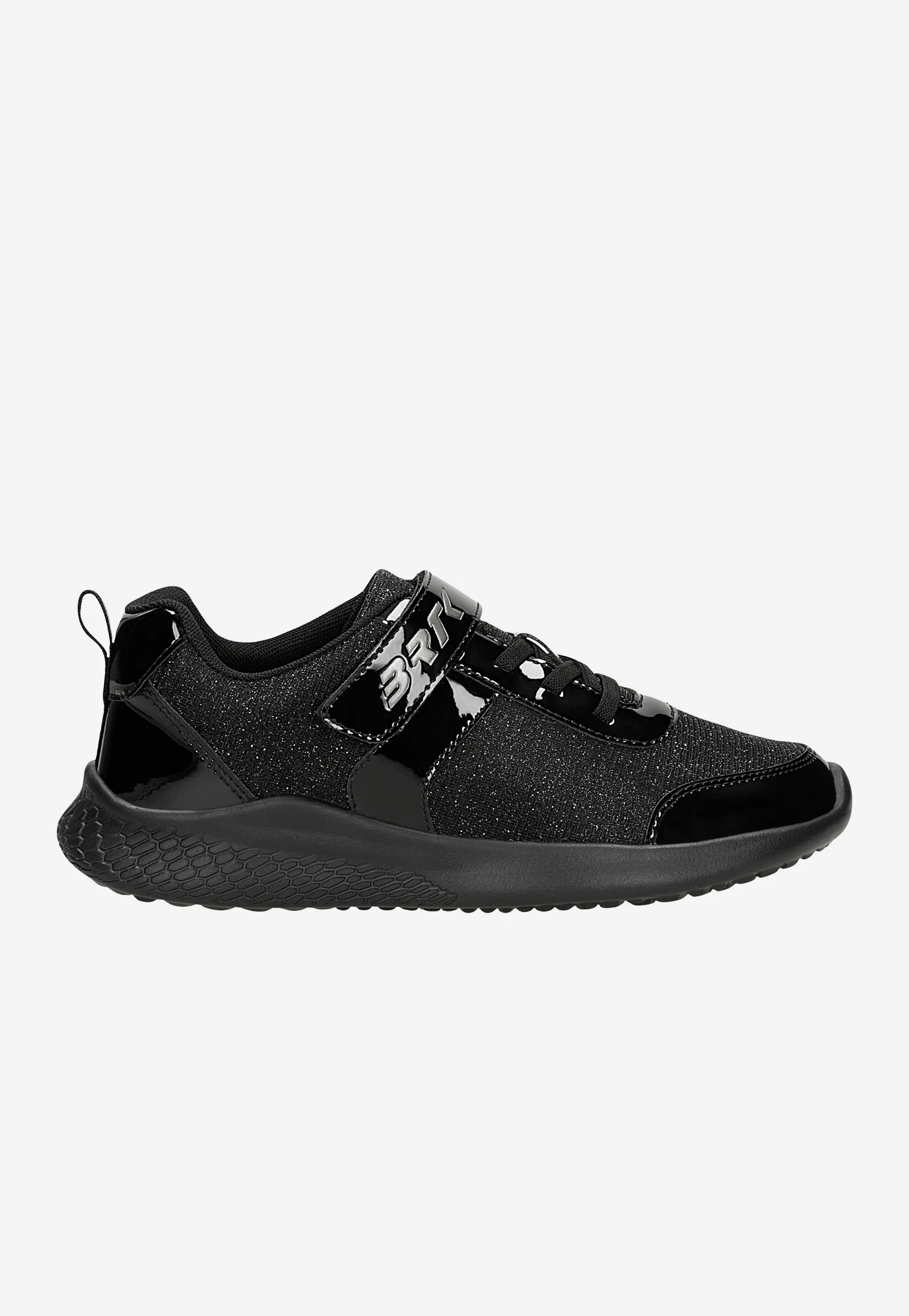 Czarne sneakersy z brokatowym materiałem i lakierowanymi wstawkami BARTEK 87004-10