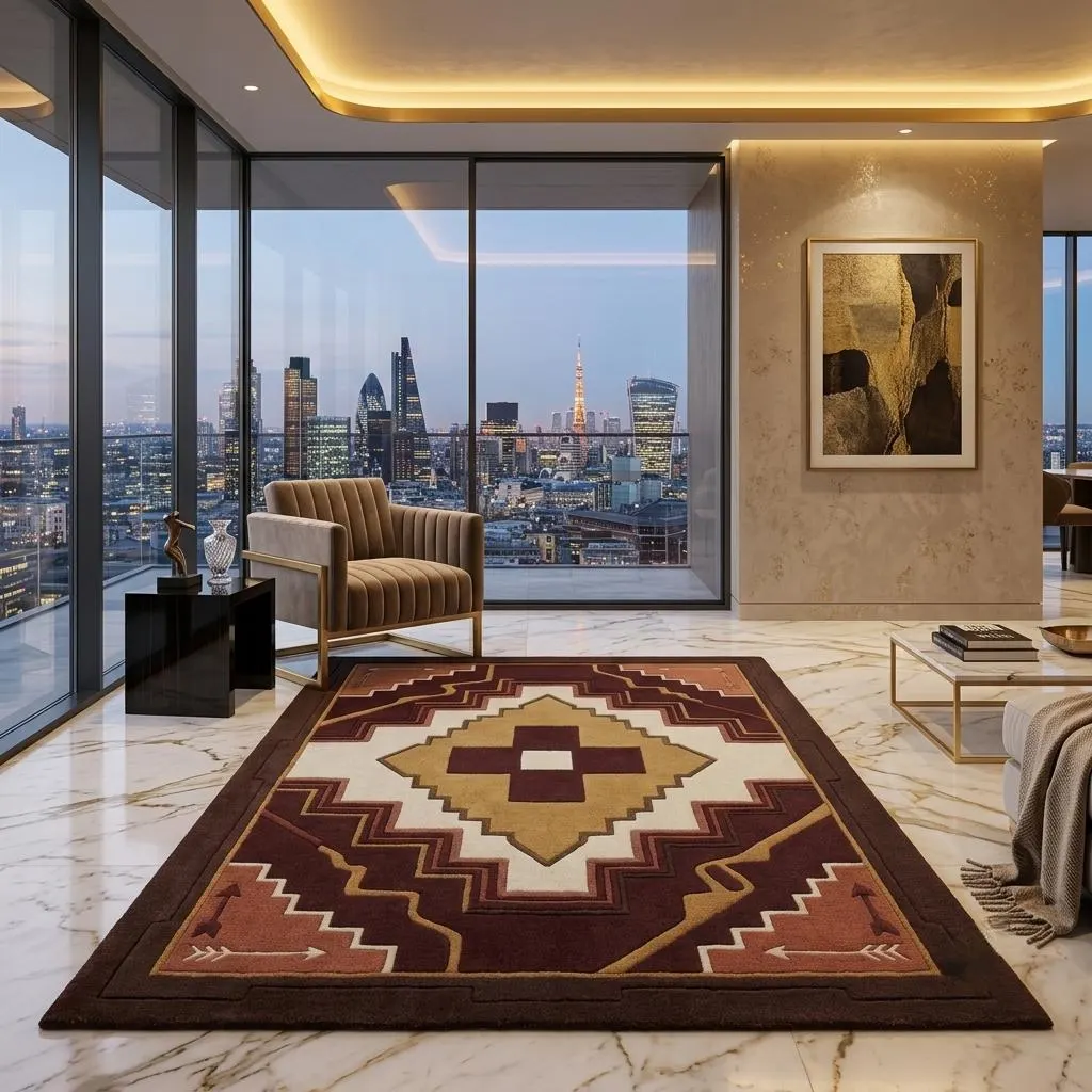 Southwestern Geometric Area Rug, Burgundy Rust Hand Tufted Wool Carpet for Living Room Decor