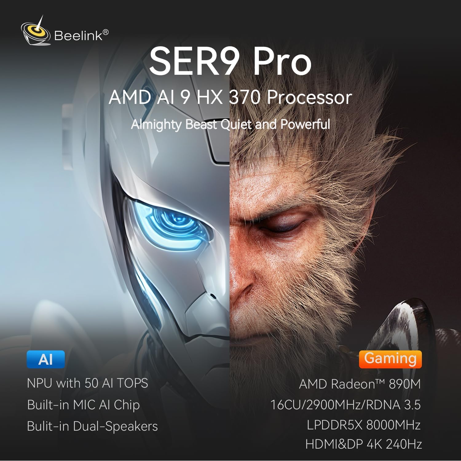 Beelink SER9 Pro AI Mini PC  AMD Ryzen AI 9 HX 370(80TOPS 12C/24T 5.1GHz)  32G LPDDR5X 8000MHz 1TB PCIe4.0 x4 SSD  AI PC AMD Radeon 890M NPU 50 AI Tops  Built-in MIC/Speakers/USB4/WiFi6/BT5.2/2.5G