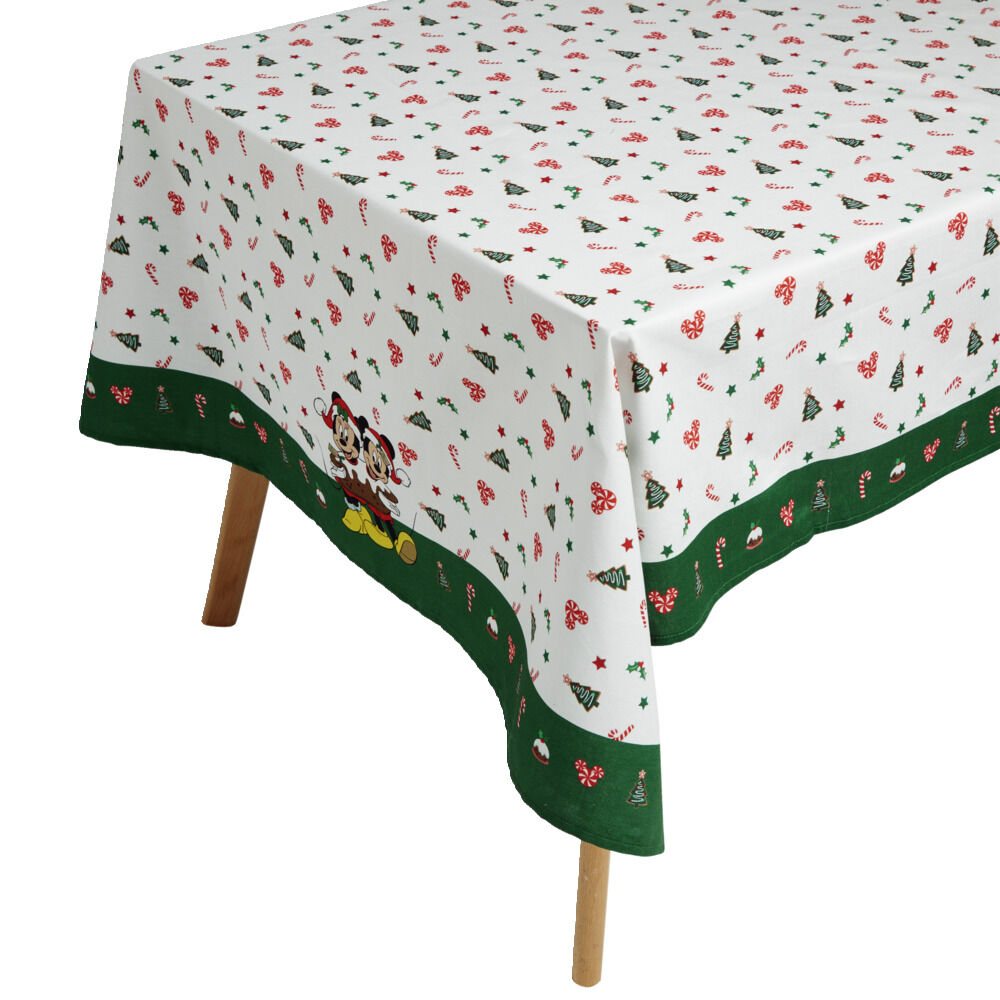 Nappe de No&euml;l Disney Mickey et Minnie blanc et vert 140x250cm