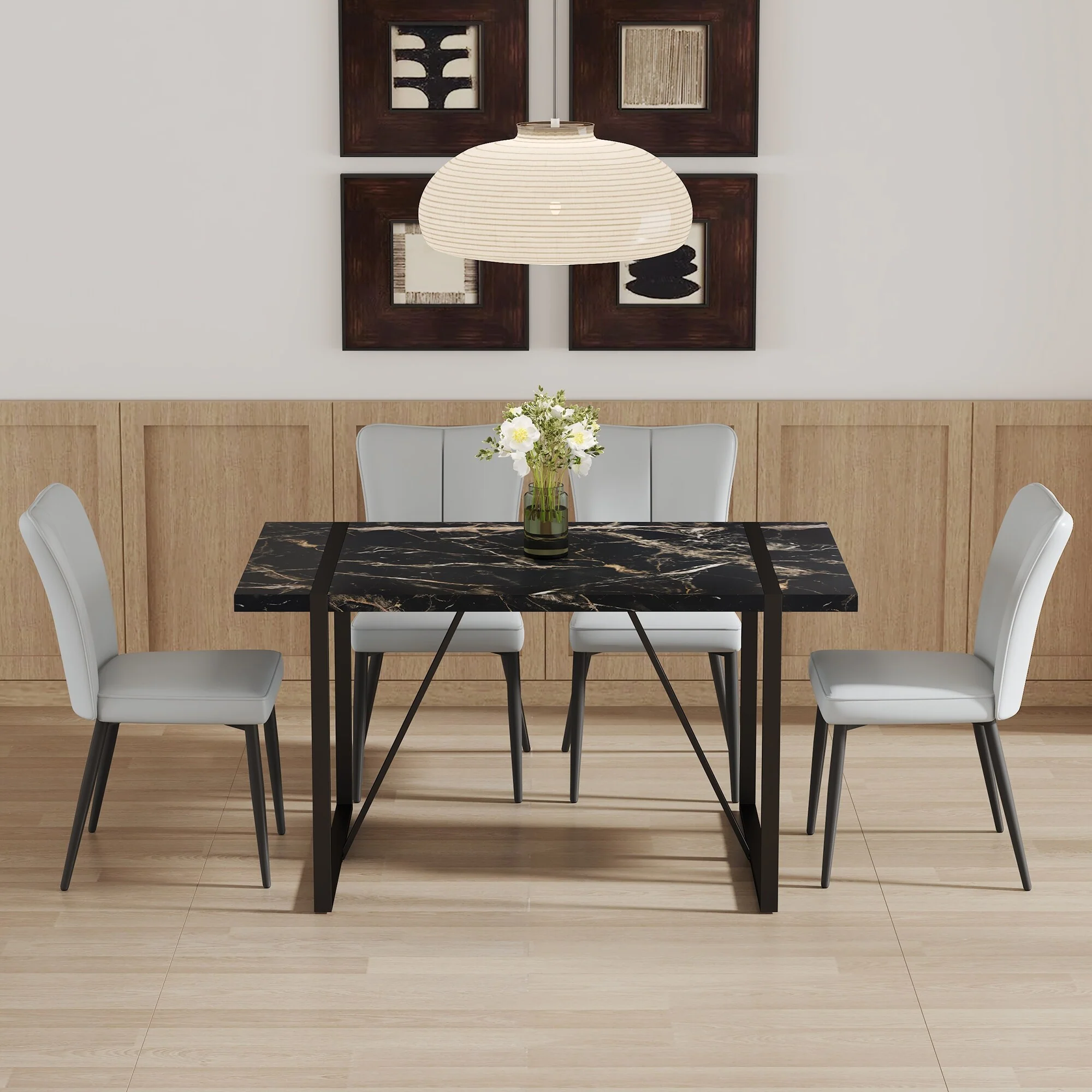 Table and chair set,Modern Marble Pattern MDF Dining Set - with 4 PU chairs with a vertical stripe design on the backrest