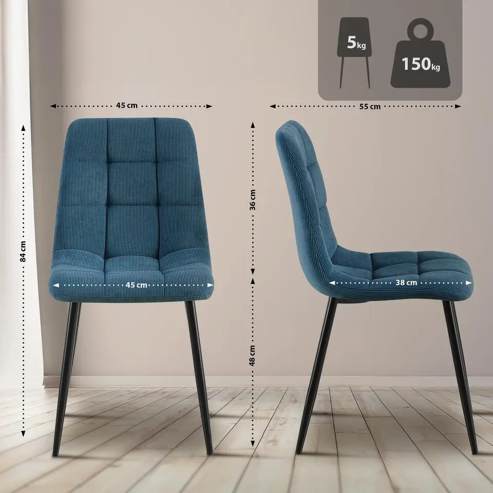 CLP Eetkamerstoel Antibes zwart Frame - Ribstof - blauw