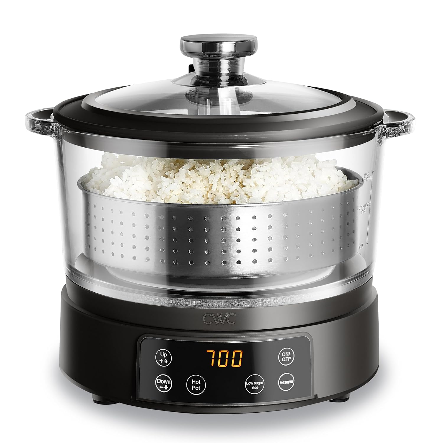 COOK WITH COLOR 3L Glass Mini Low Carb Rice Cooker – Holds 2 Cups Raw/Makes 6 Cups Cooked with Auto Lift Filter Basket, Hotpot & Steamer for Rice, Grains, Digital Panel with Keep Warm, Black