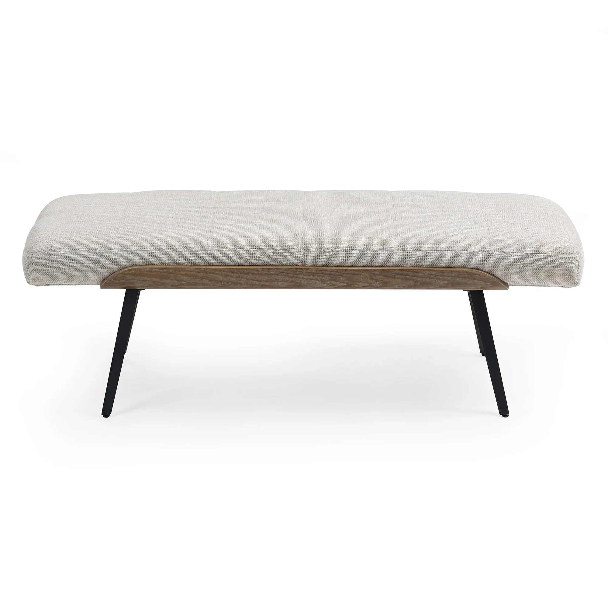 Bevin Beige Washed Woven Fabric Bench with White Washed Wood Accents and Black Iron Legs